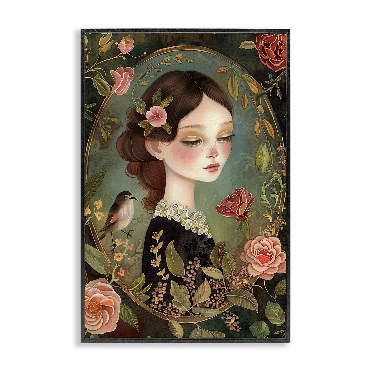 Stupell Industries Vintage Lady & Floral Border Framed Giclee Design by The Dutch Lady